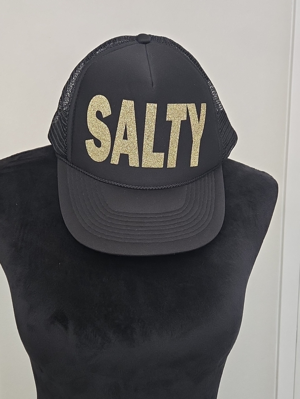 💣3/$15 Black Trucker Hat with Gold 'SALTY' Text